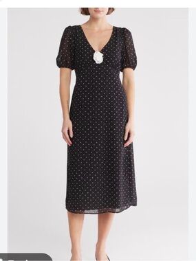 Wayf Black Polka Dot V‑Neck Midi Dress with Puff Sleeves